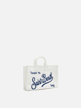 Weiße Mikro-Phone-Bag aus Broderie Anglaise mit gesticktem Logo 