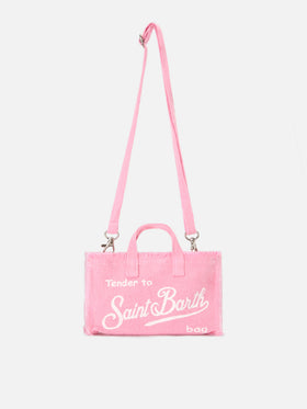 Borsa Phone micro in lino rosa tinta unita con logo a contrasto