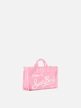 Borsa Phone micro in lino rosa tinta unita con logo a contrasto