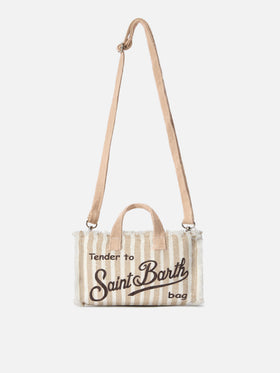 micro Phone linen bag with beige and white stripes and contrasting logo
