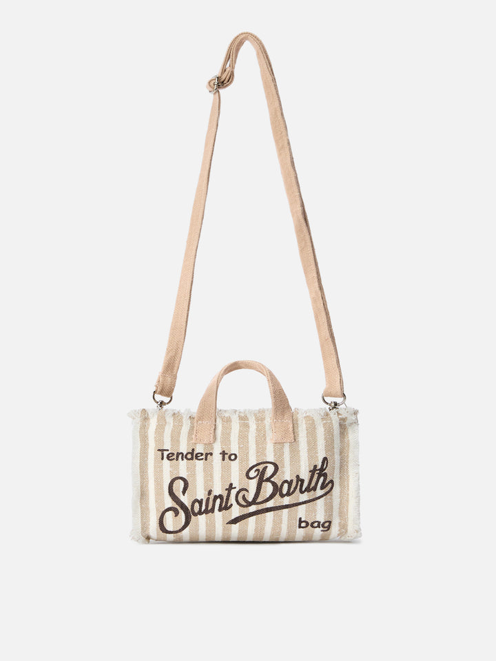 micro Phone linen bag with beige and white stripes and contrasting logo