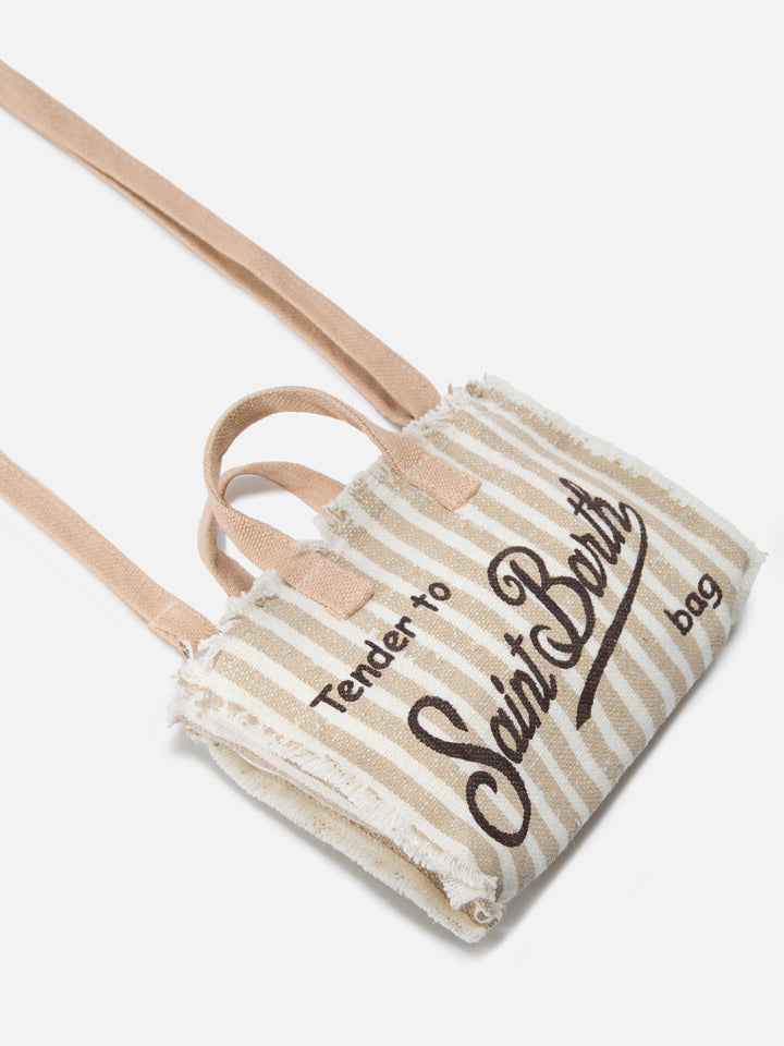 micro Phone linen bag with beige and white stripes and contrasting logo