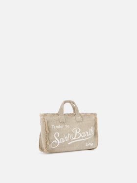 micro bolso Phone de lino beige liso con logo en contraste 
