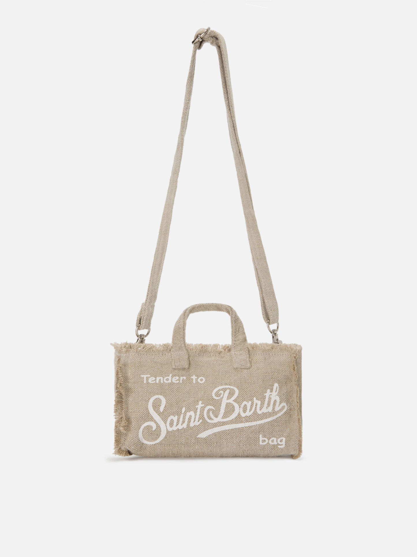 Borsa Phone micro in lino beige tinta unita con logo a contrasto