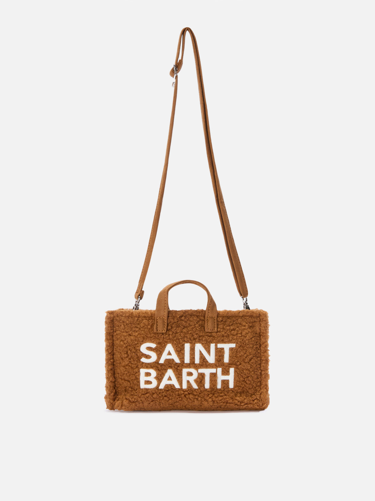 Brown Phone Bag in teddy fabric with logo embroidery