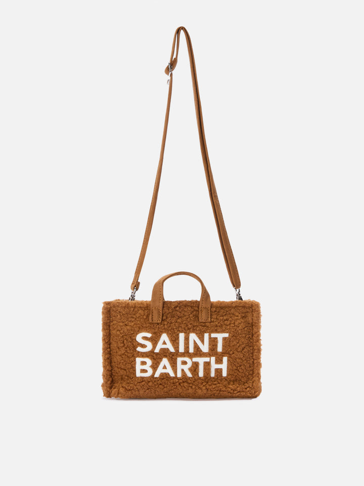 Bolso para teléfono marrón en tejido teddy con bordado del logotipo 
