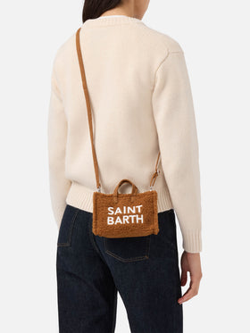 Brown Phone Bag in teddy fabric with logo embroidery