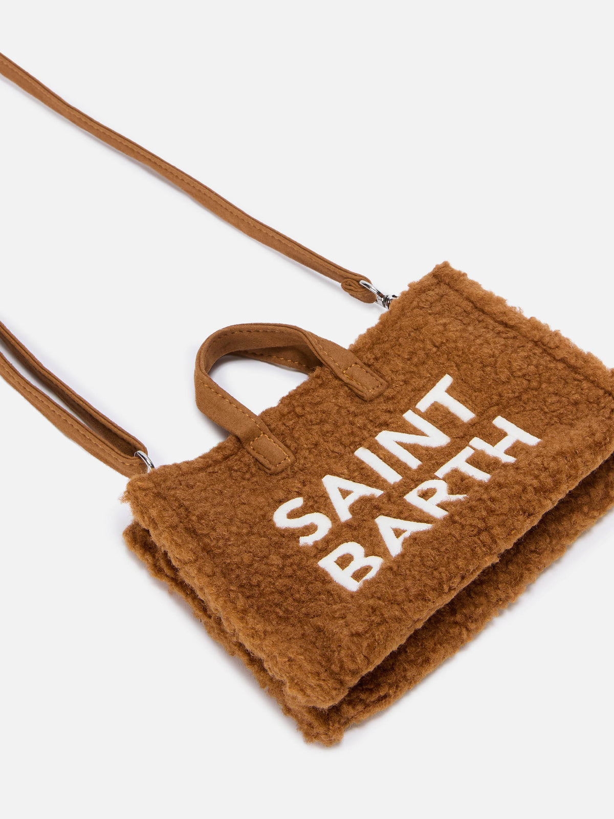 Brown Phone Bag in teddy fabric with logo embroidery
