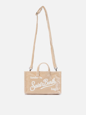 Phone Bag beige in velluto con ricamo logo