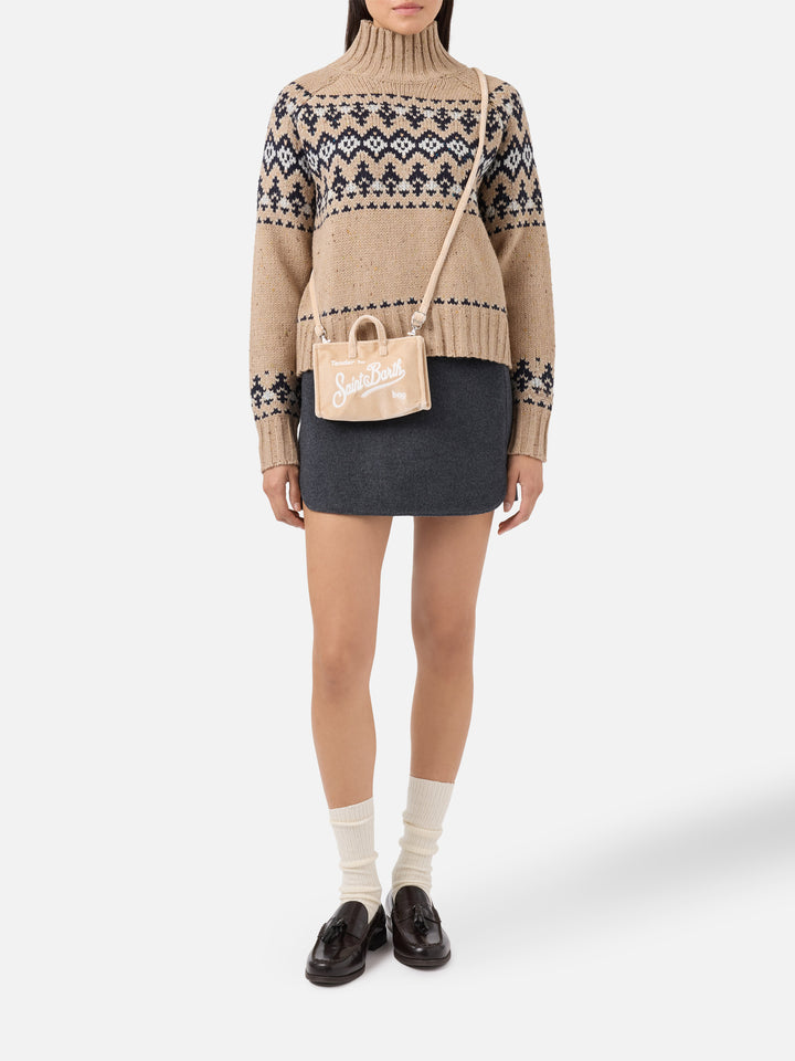 Phone Bag beige in velluto con ricamo logo