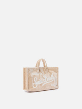Phone Bag beige in velluto con ricamo logo