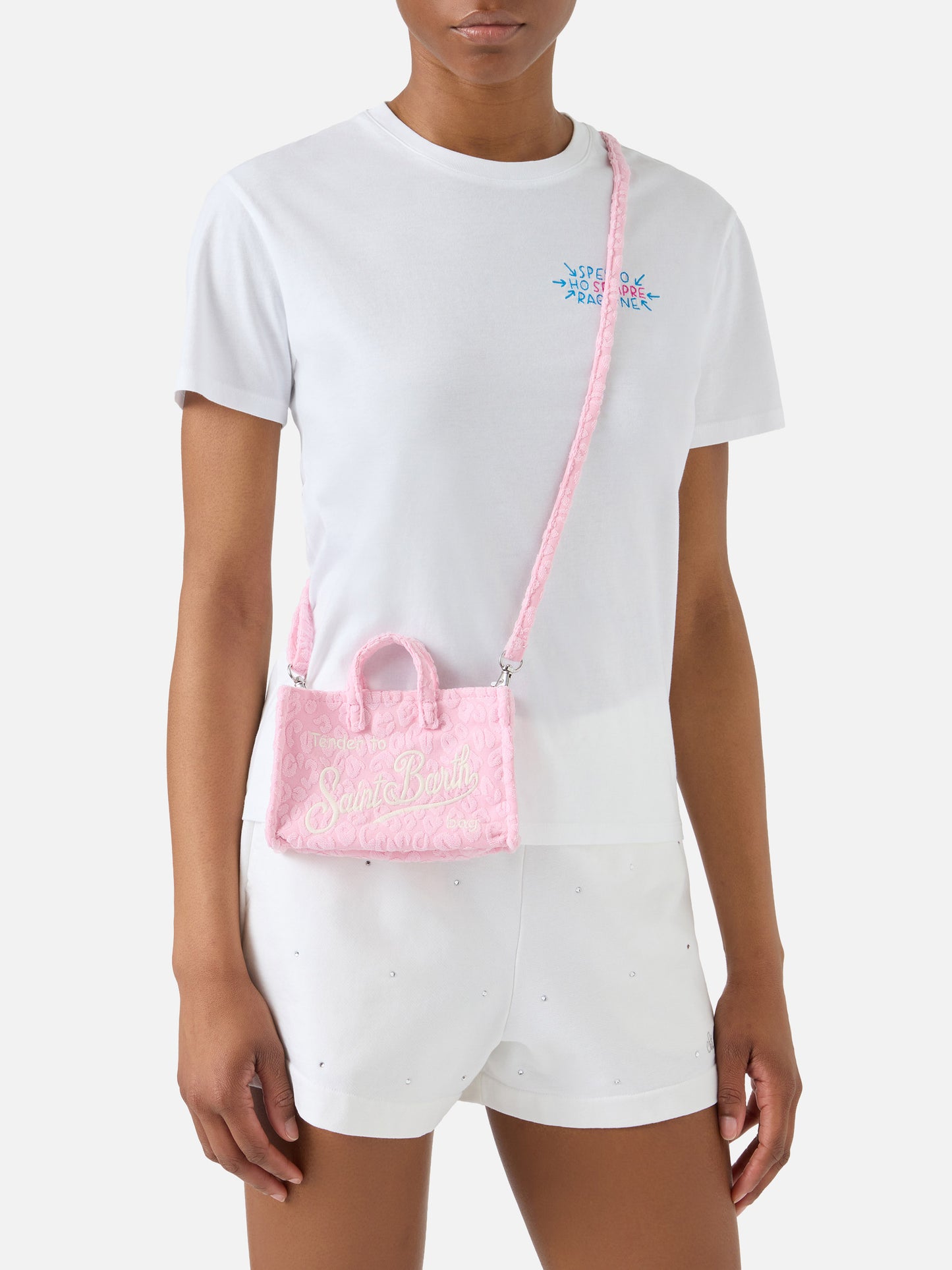 Borsa Phone micro effetto spugna con fantasia leopardata in rilievo
