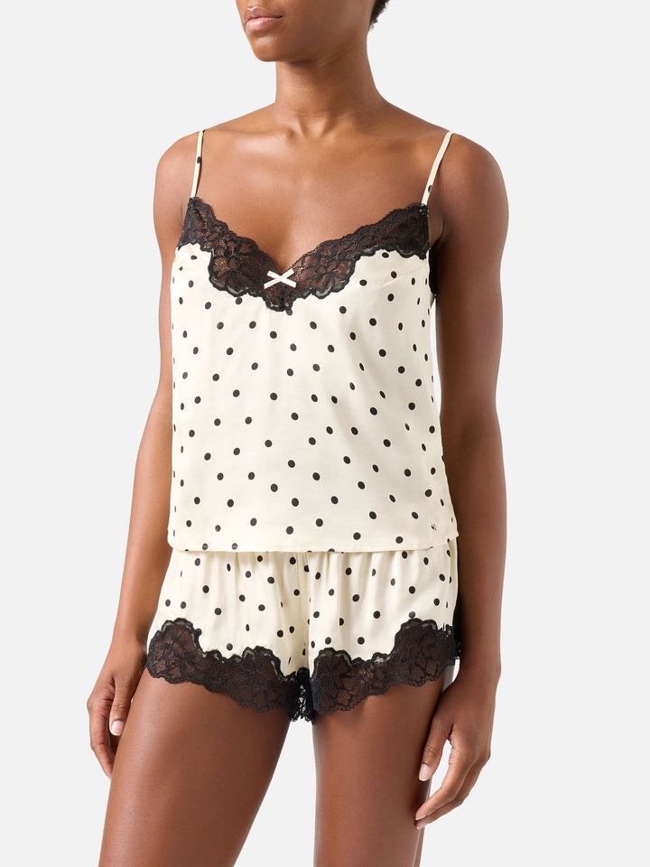 Set Pilar top e shorts off white a pois con pizzo