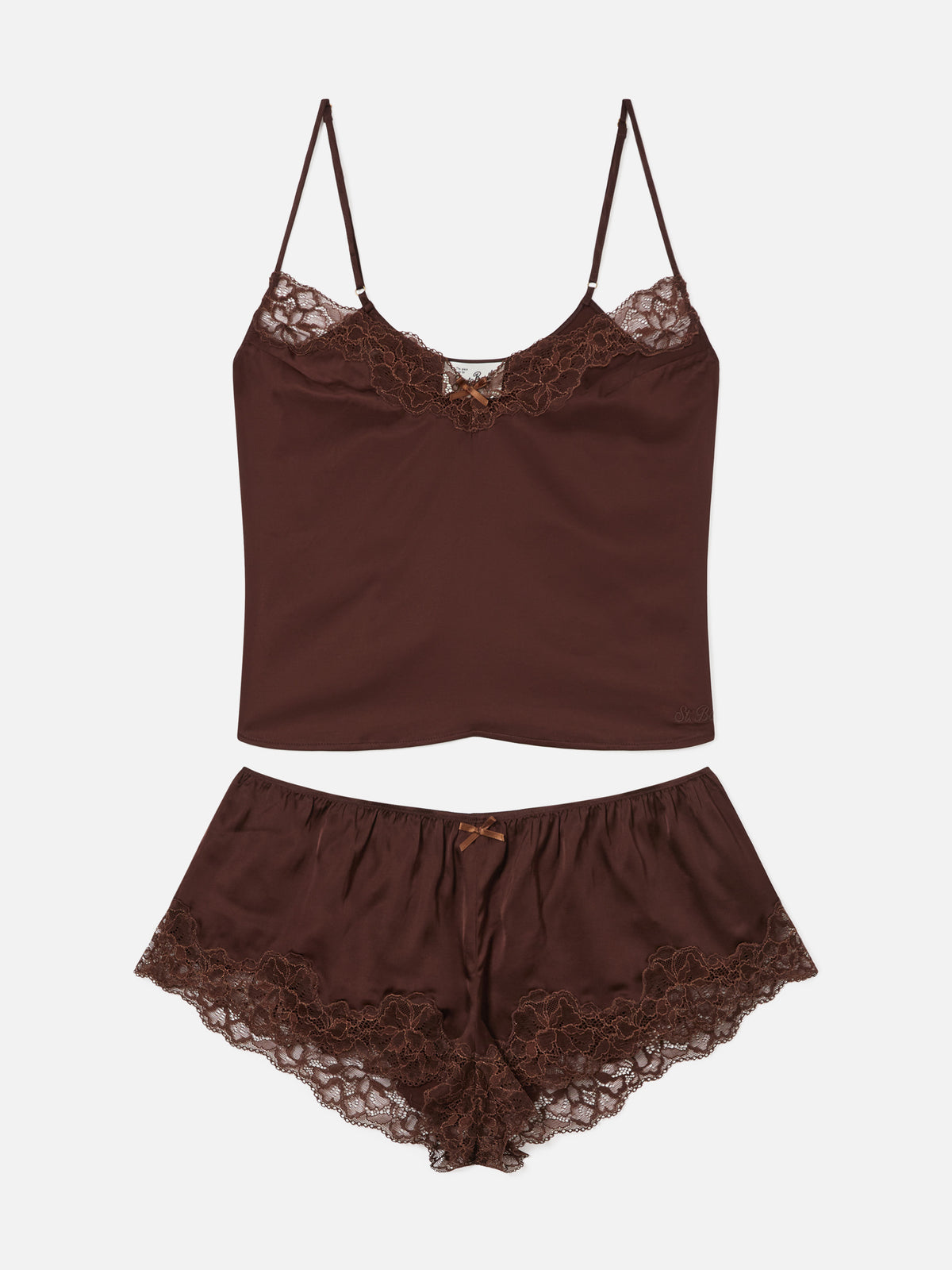Conjunto Pilar de top y shorts en marrón oscuro con encaje 