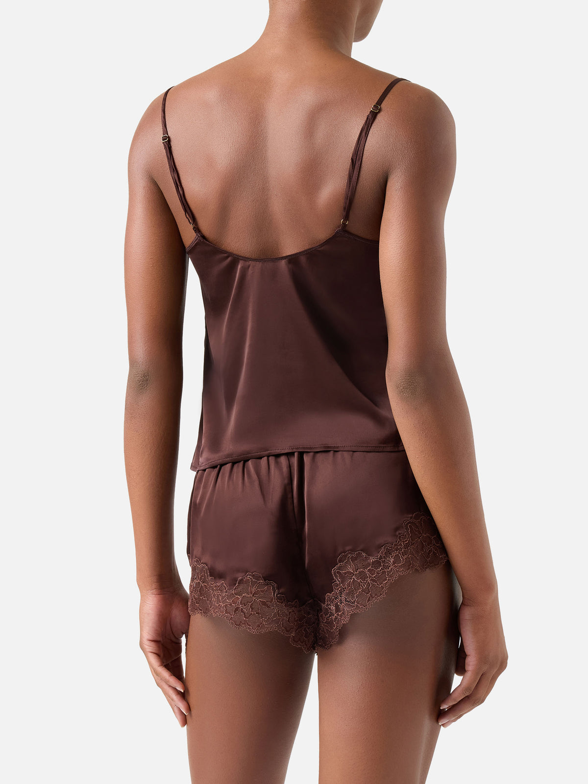 Conjunto Pilar de top y shorts en marrón oscuro con encaje 