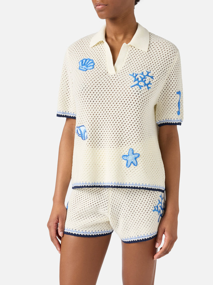 Polo Pixie in maglia traforata con patch marine