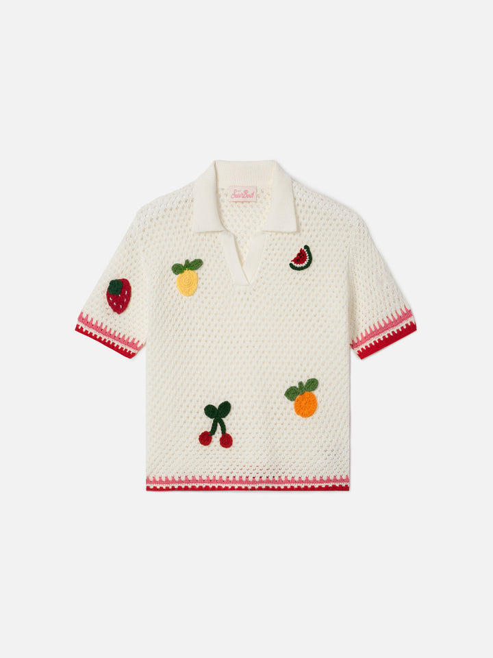 Pixie Jr Polo in white cotton blend with embroidered patches