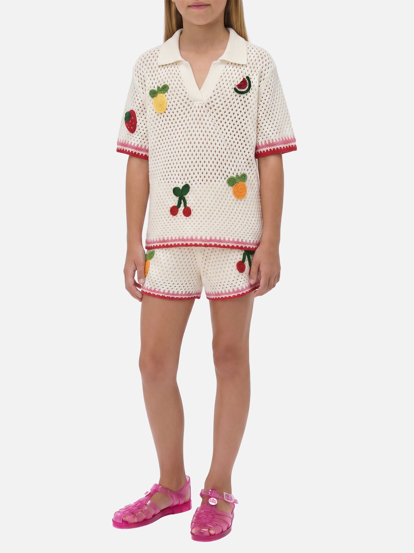 Short en mélange de coton Yvette Jr blanc avec patchs brodés 