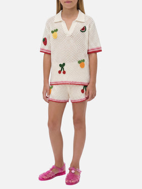 Short en mélange de coton Yvette Jr blanc avec patchs brodés 