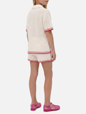 Short en mélange de coton Yvette Jr blanc avec patchs brodés 
