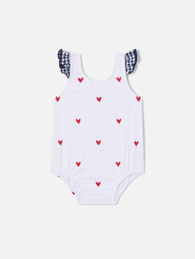 Pinkie one-piece swimsuit in seersucker with heart embroidery
