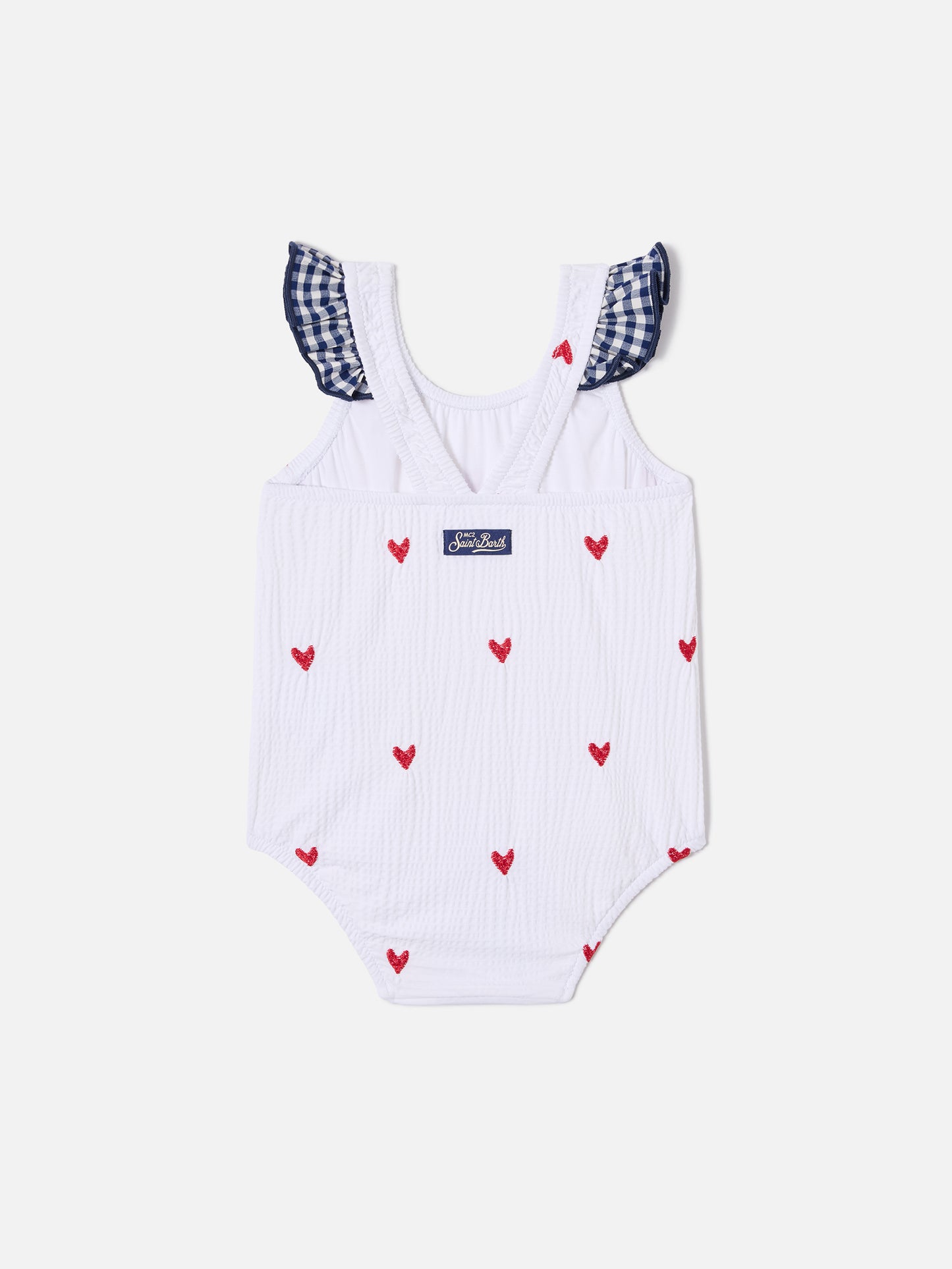 Pinkie one-piece swimsuit in seersucker with heart embroidery