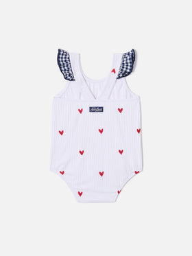 Pinkie one-piece swimsuit in seersucker with heart embroidery