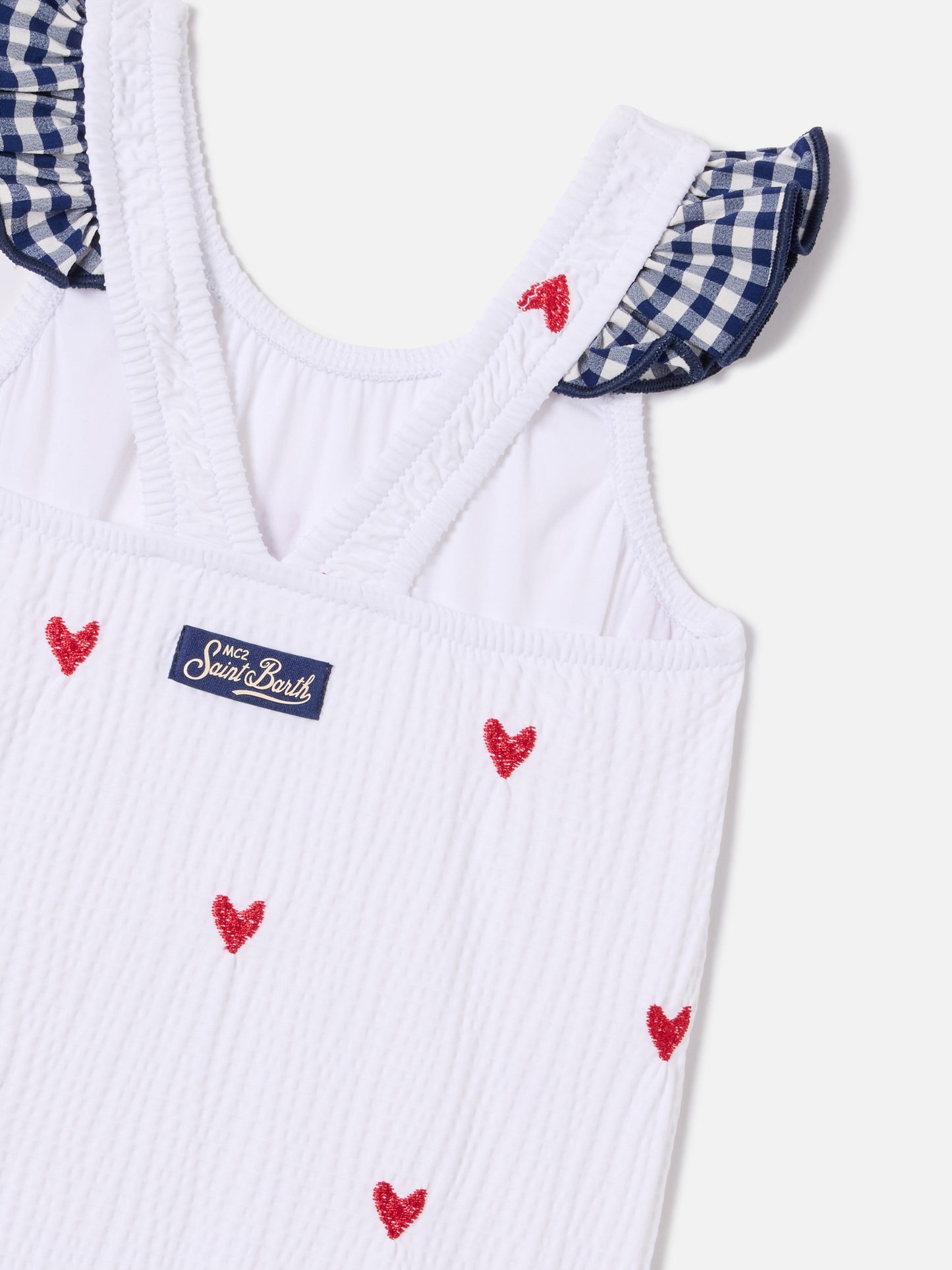 Pinkie one-piece swimsuit in seersucker with heart embroidery