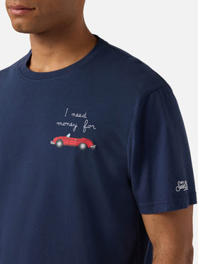 T-shirt Portofino blu navy con ricamo auto e scritta I need money for