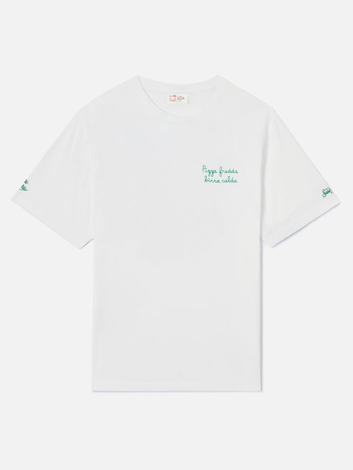 White Portofino T-shirt with Pizza Fredda Birra Calda embroidery