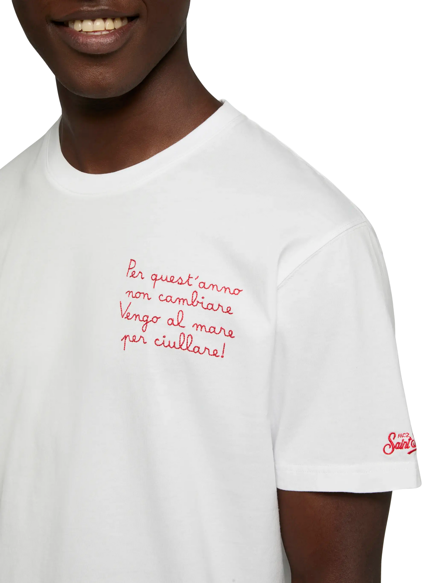 Klassisch geschnittenes T-Shirt aus Baumwolljersey Portofino mit Vengo al mare-Stickerei | SAPORE DI MARE SPECIAL EDITION