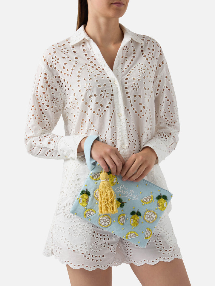 Pochette Pearl bleu clair avec citrons perlés 