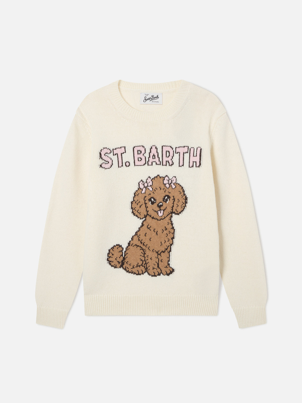 Cream Princess crewneck knit with poodle intarsia
