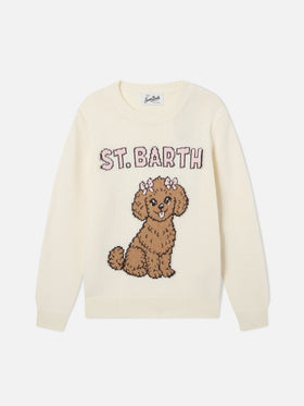 Cream Princess crewneck knit with poodle intarsia
