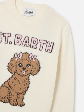 Cream Princess crewneck knit with poodle intarsia