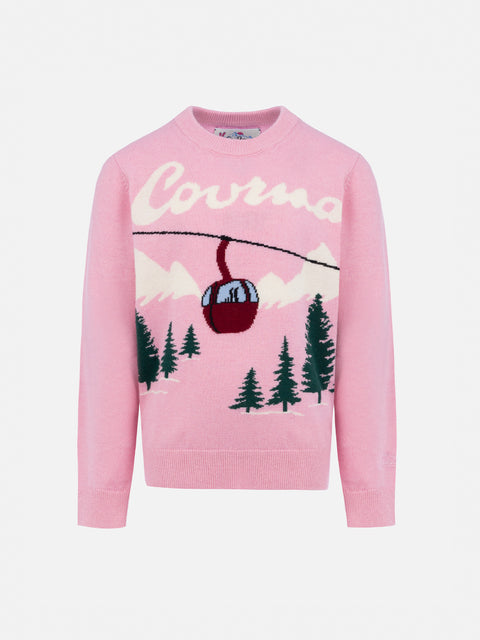 Girl pink crewneck sweater Princess with Courma postcard print - MC2 Saint Barth