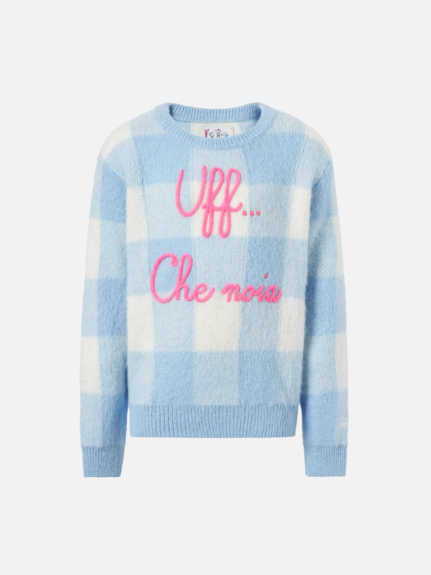 Girocollo con jacquard a quadri e ricamo Uff... che noia