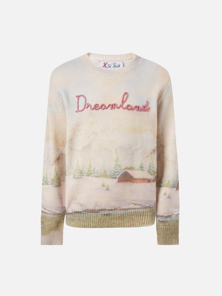 White crewneck Princess with mountain print and dreamland  embroidery