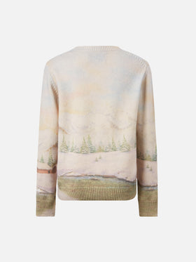 White crewneck Princess with mountain print and dreamland  embroidery