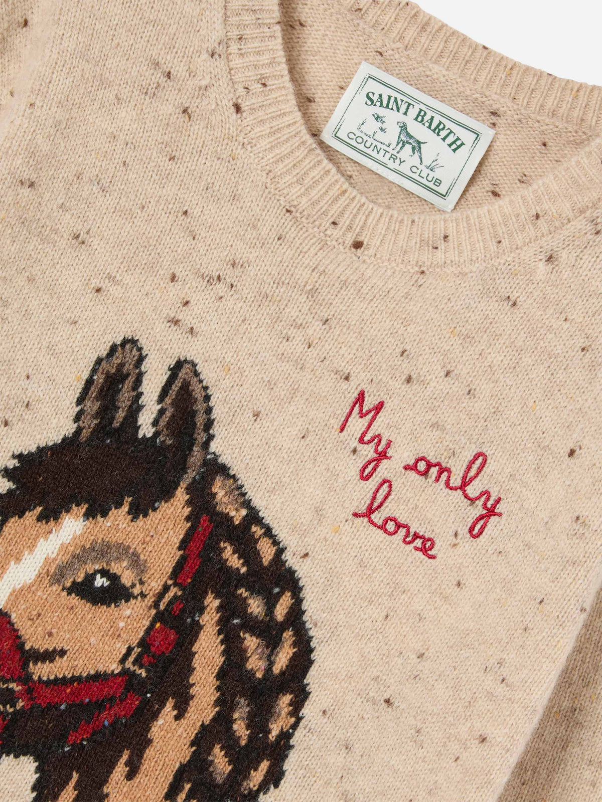 Beige Princess wool blend Donegal knit crewneck with horse intarsia and My Only Love embroidery