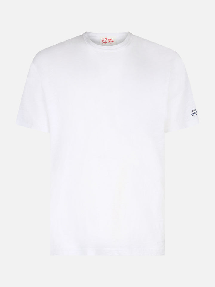 Weißes geflammtes Baumwoll-T-Shirt President mit Stickerei