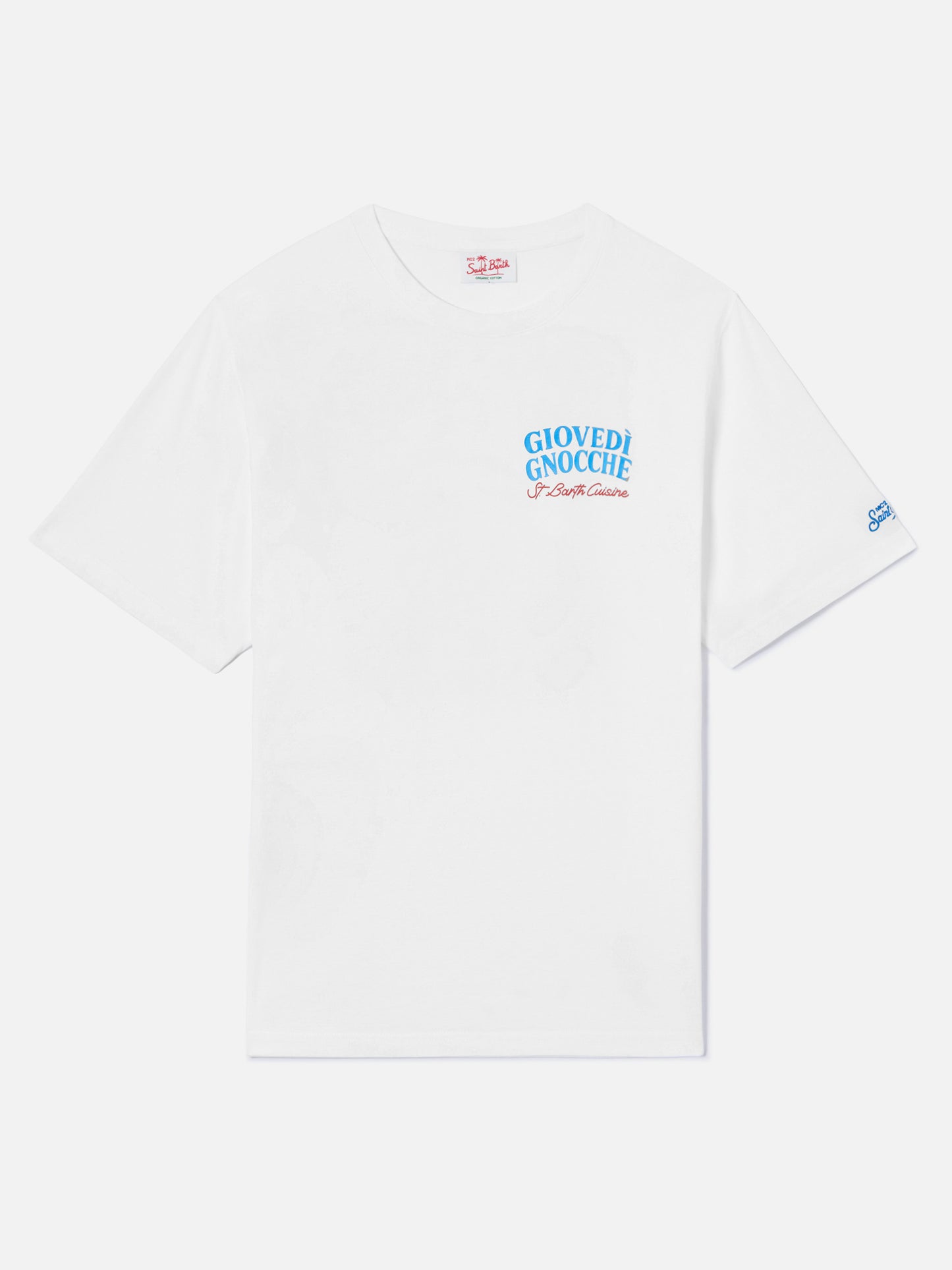 T-shirt Portland bianca con illustrazione Giovedì Gnocche