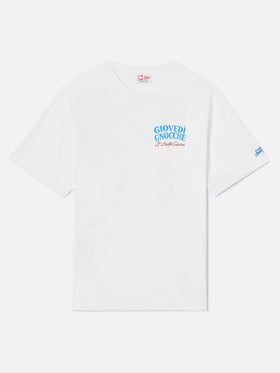 T-shirt Portland bianca con illustrazione Giovedì Gnocche