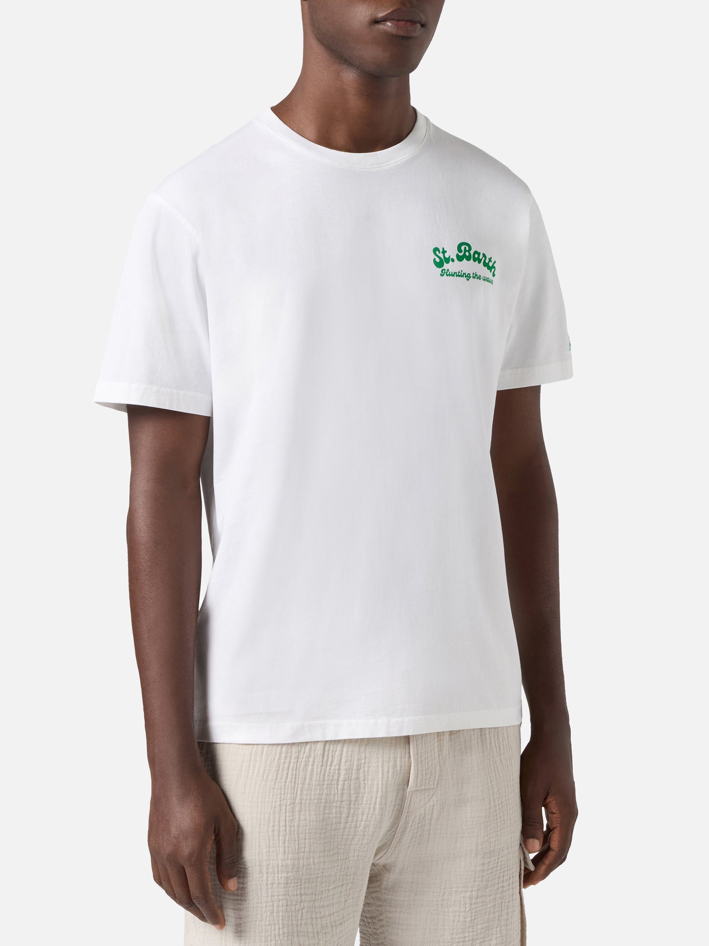 White Portland t-shirt with Surf Lessons Free print