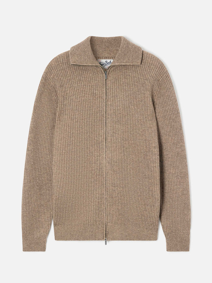 Cárdigan de punto de lana Preston beige con cremallera completa 