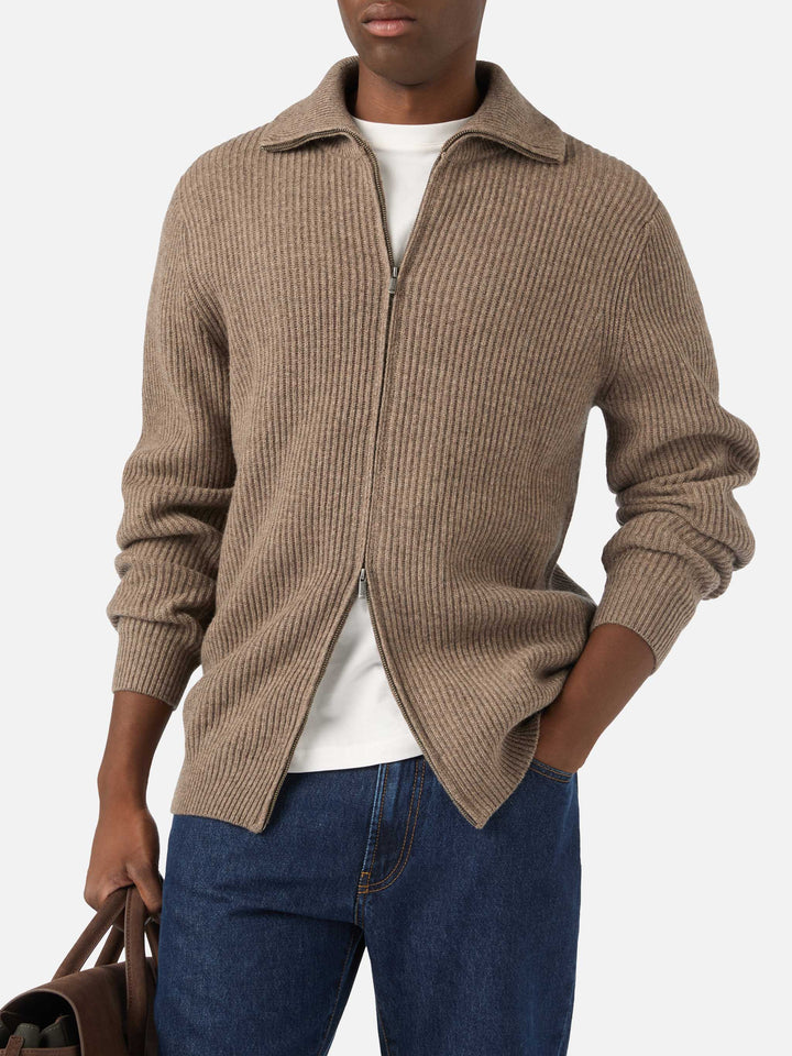 Cárdigan de punto de lana Preston beige con cremallera completa 