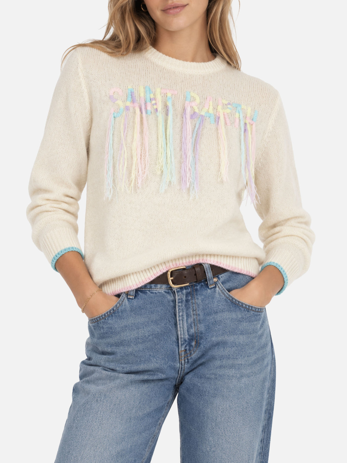 Sweat-shirt ras-du-cou brossé avec broderie Saint Barth à franges 