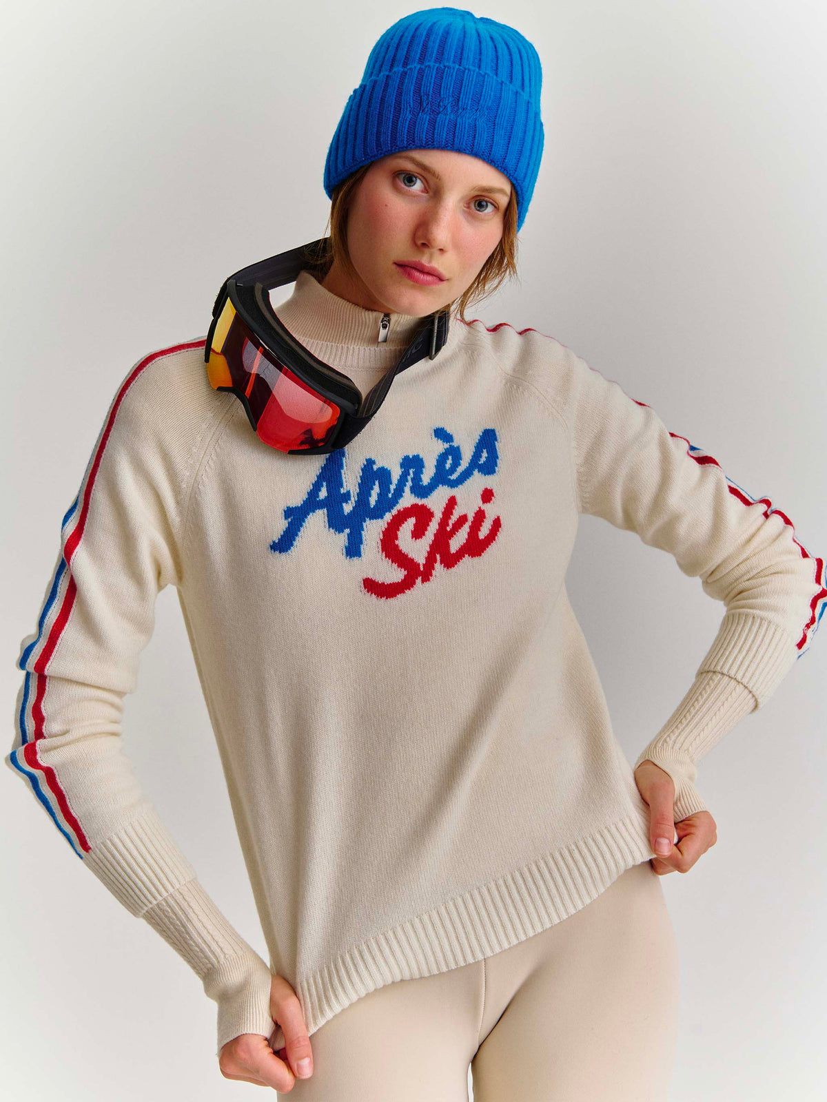 Pull col rond en maille New Queen blanc cassé avec broderie Après Ski 