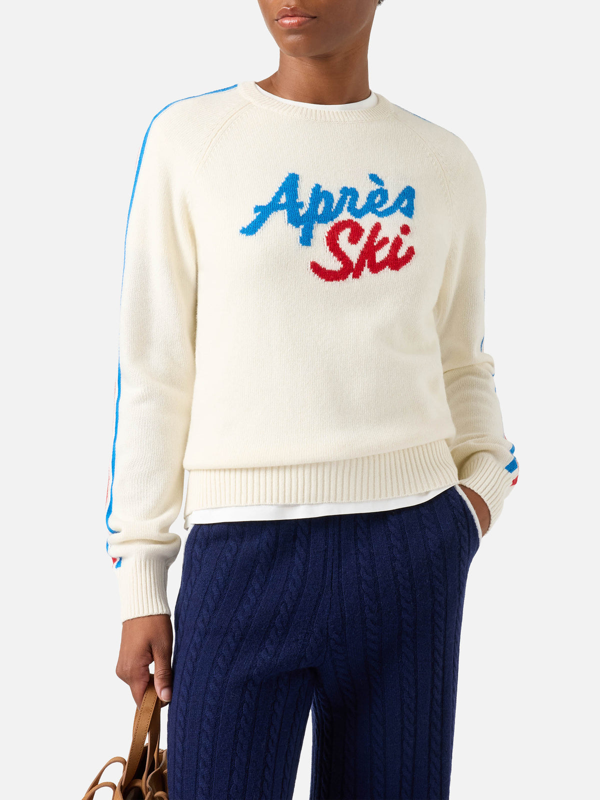 Pull col rond en maille New Queen blanc cassé avec broderie Après Ski 