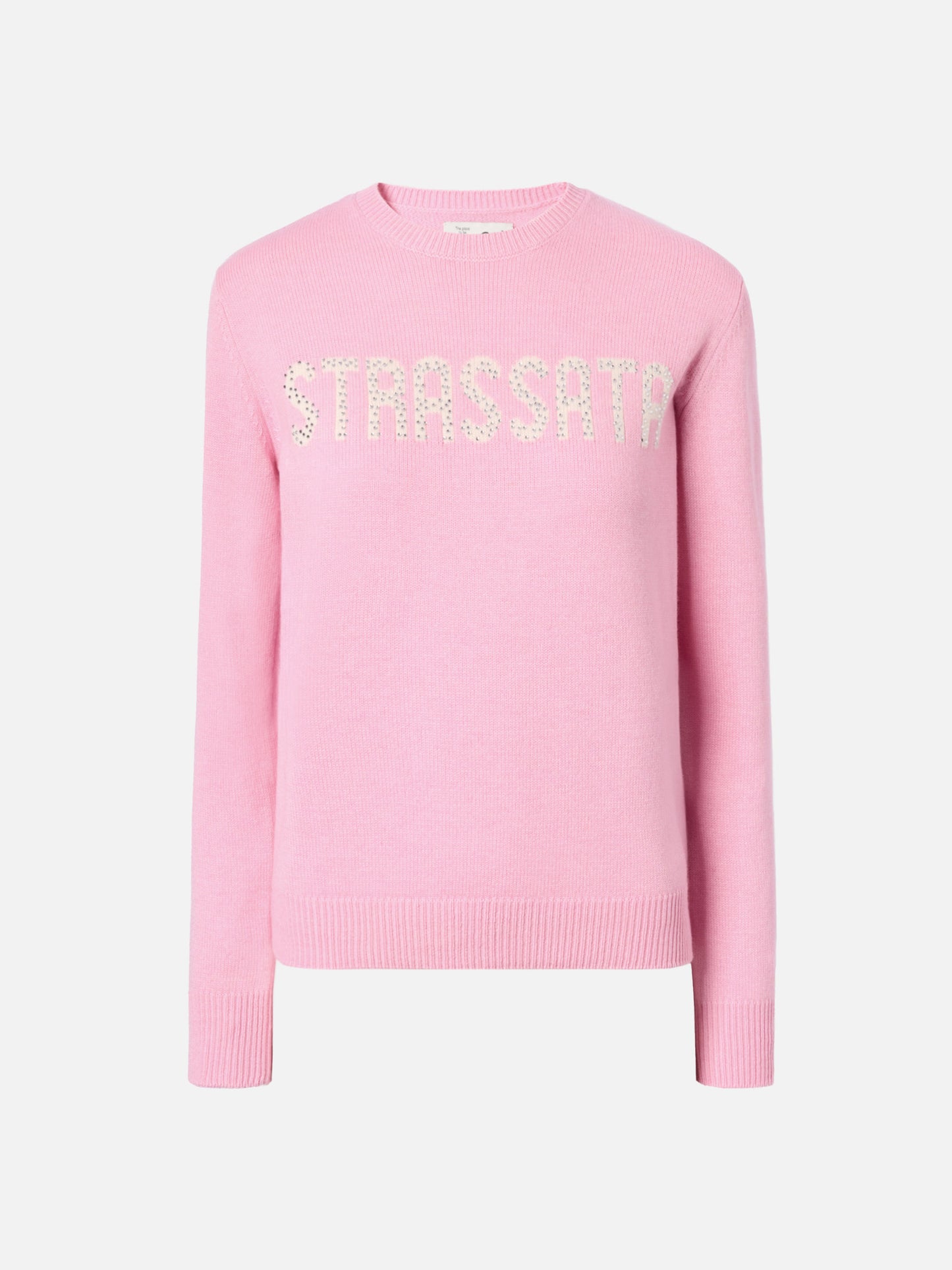 Maglione New Queen in misto cashmere rosa con applicazione in strass Strassata